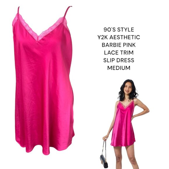90'S STYLE Y2K AESTHETIC BARBIE PINK‎ LACE TRIM SLIP NIGHTIE DRESS MEDIUM INC - Picture 1 of 5
